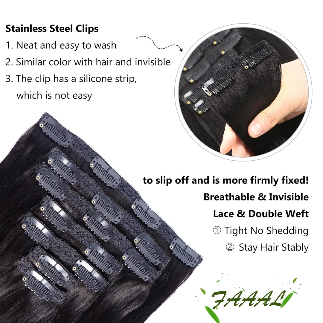 FAAAL Clip In Human Hair Extensions, Jet Black, 18 Inch 150g 7 Count