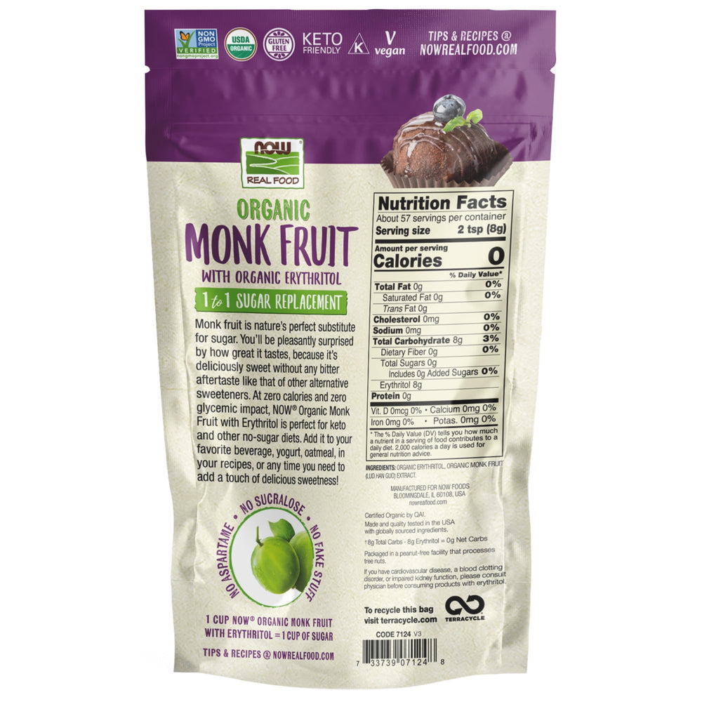 NOW Real Food Organic Monk Fruit with Erythritol Sugar Replacement, 1 lb