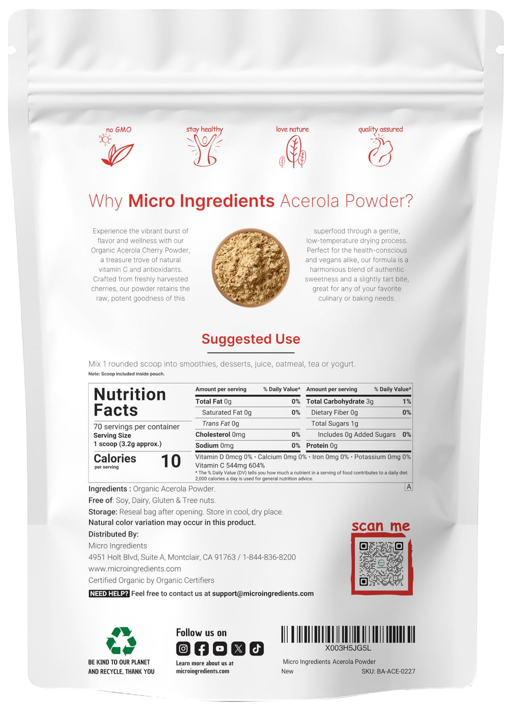Micro Ingredients Acerola Cherry Powder, Organic, 8 oz