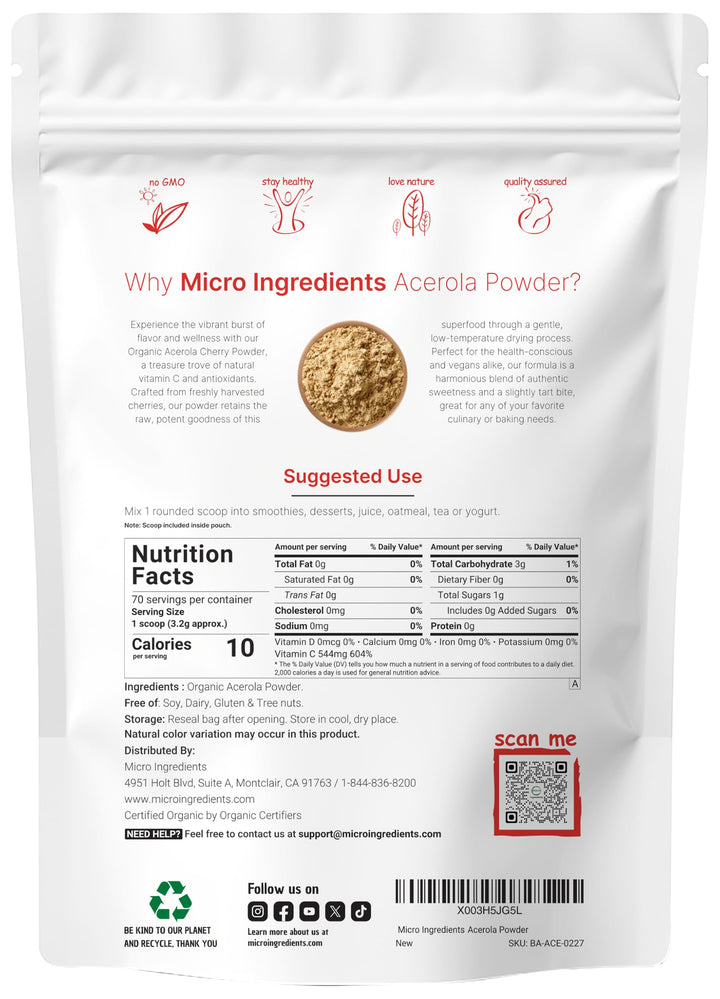 Micro Ingredients Acerola Cherry Powder, Organic, 8 oz
