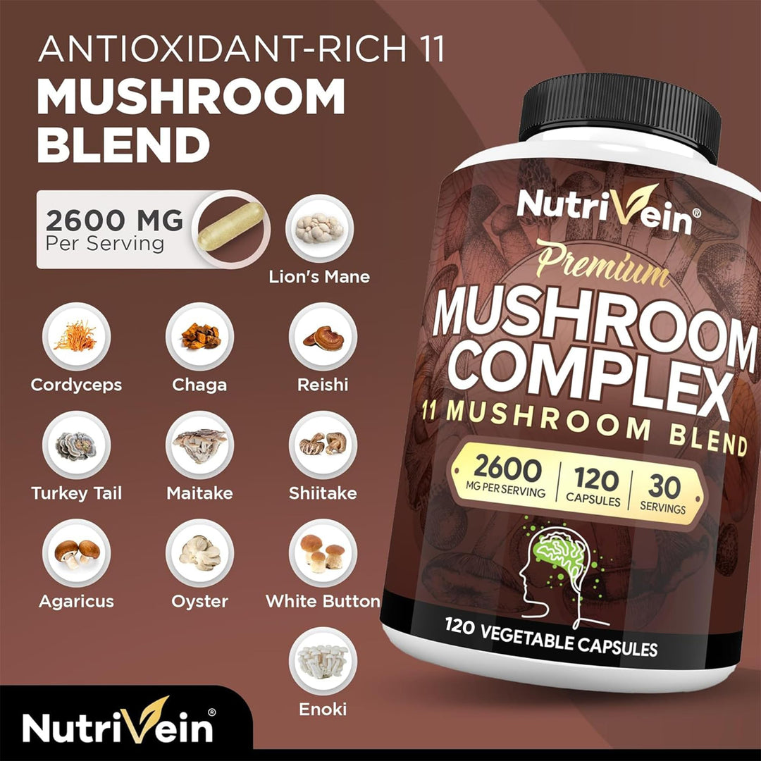 Nutrivein Mushroom Supplement, 2600 mg, 120 Count