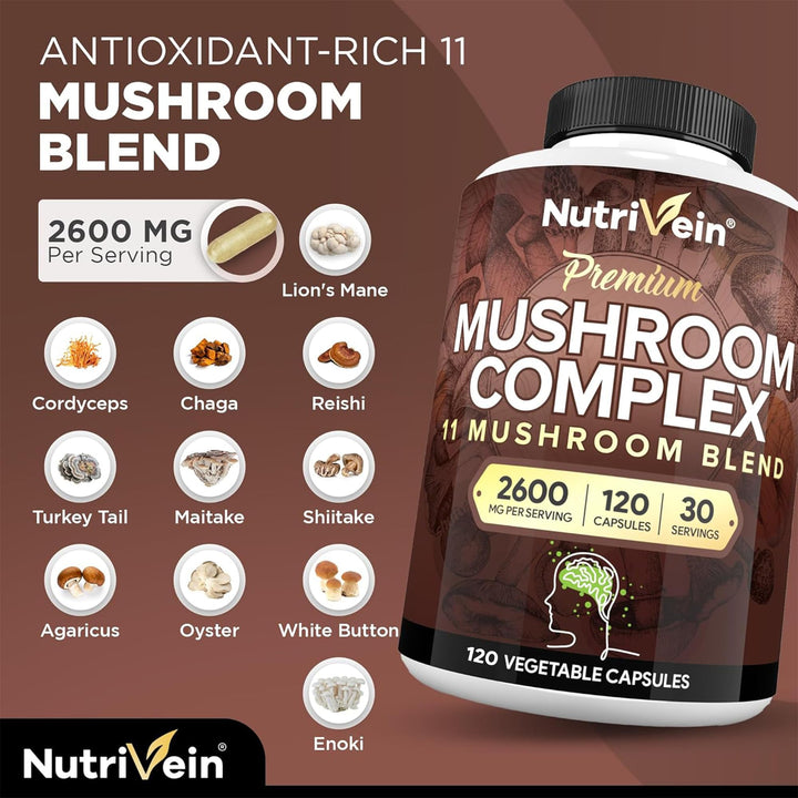 Nutrivein Mushroom Supplement, 2600 mg, 120 Count