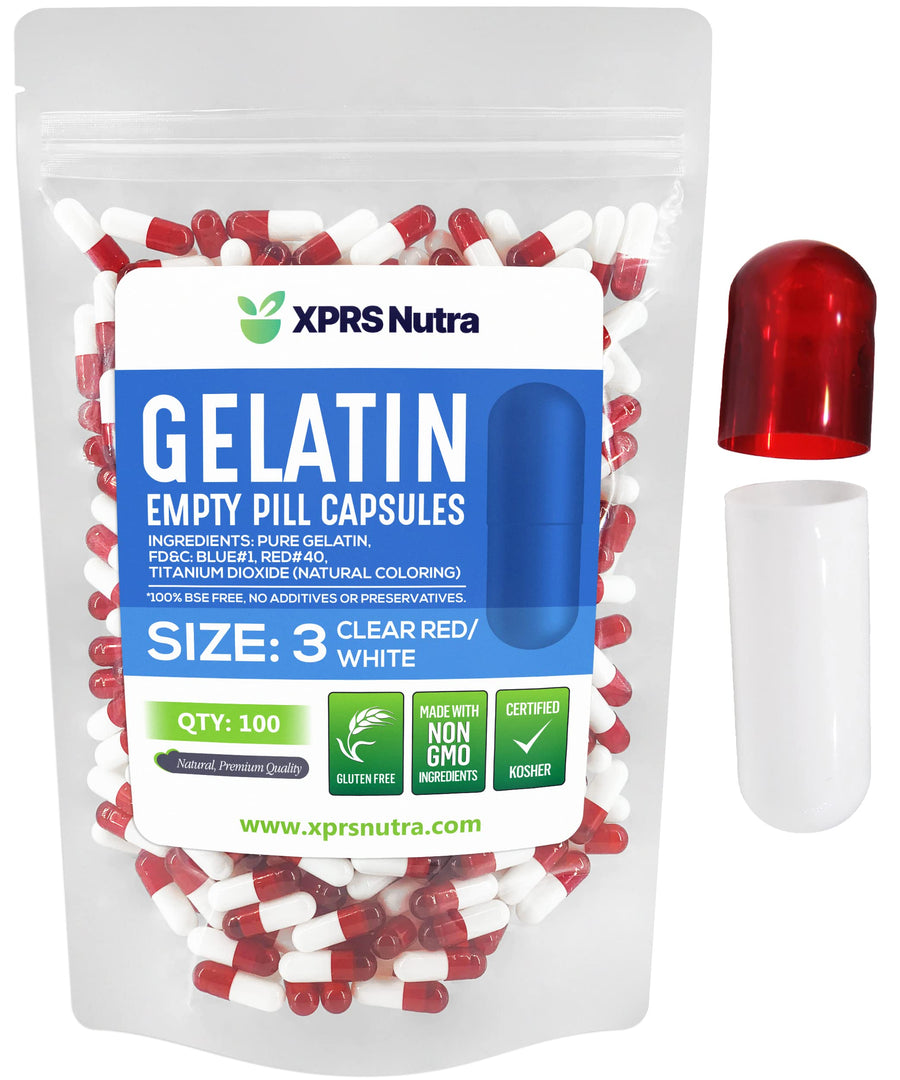 XPRS Nutra Empty Gelatin Capsules, Size 3, Clear Red and White, 100 Count