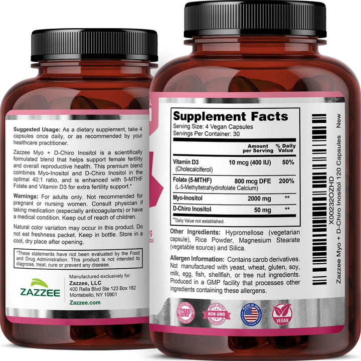 Zazzee Myo-Inositol D-Chiro Vitex Capsules, 120 Count