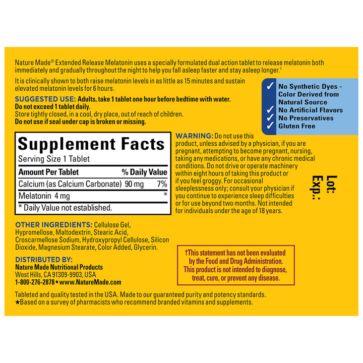 Nature Made Melatonin Extended Release Tablets, 4 mg, 90 Count