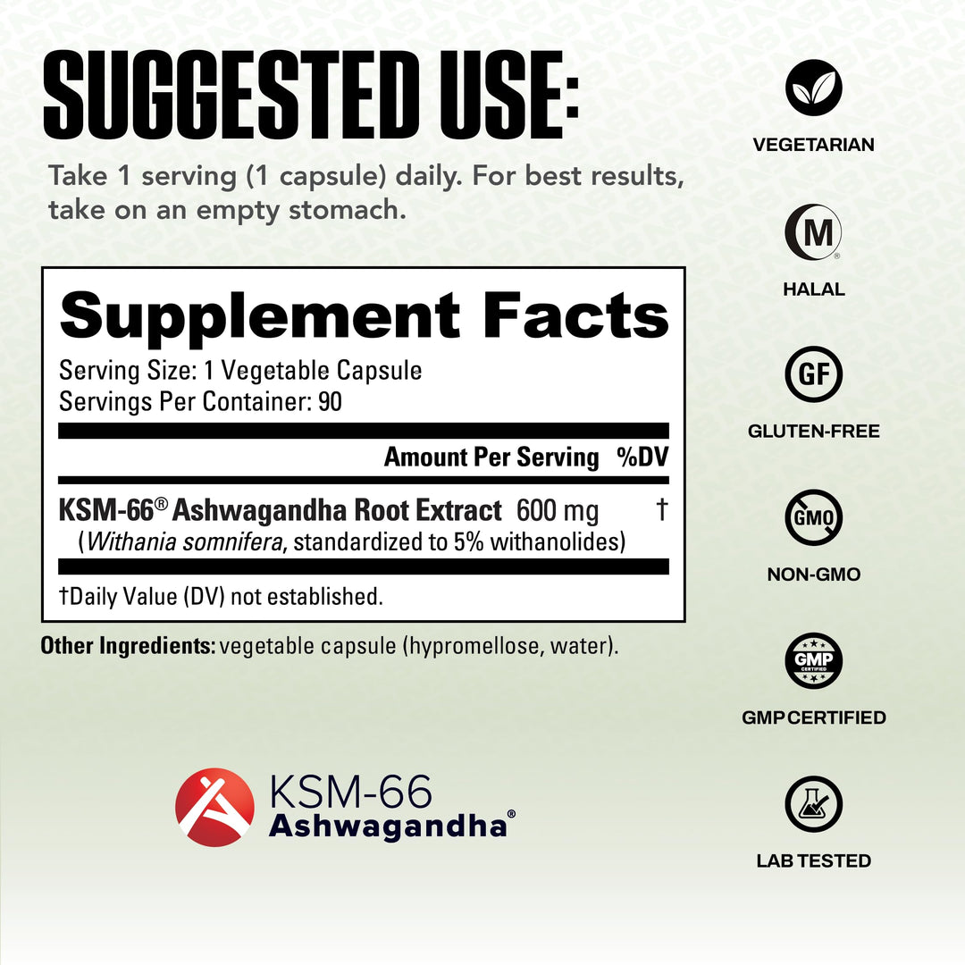 NutraBio Ashwagandha KSM-66, 600 mg, 90 Count