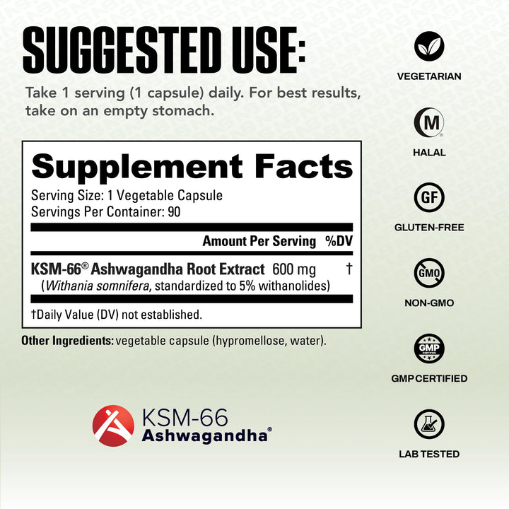 NutraBio Ashwagandha KSM-66, 600 mg, 90 Count
