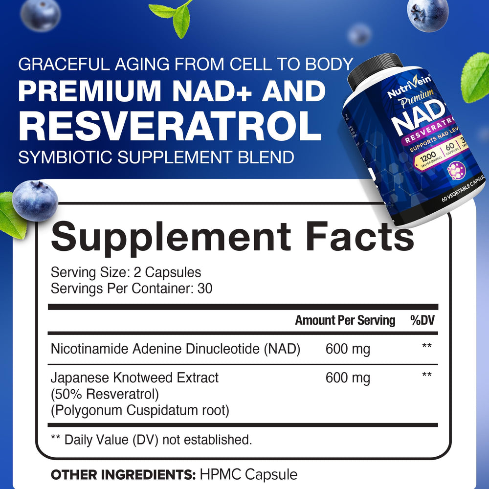 Nutrivein NAD+ Resveratrol Supplement, 1200 mg, 60 Count