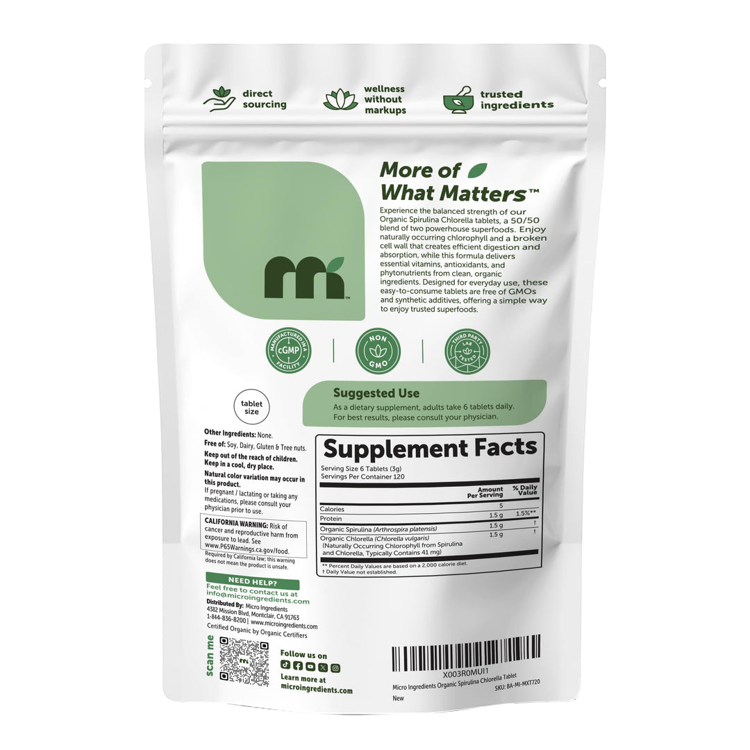 Micro Ingredients Organic Spirulina Chlorella Tablets, 720 Count