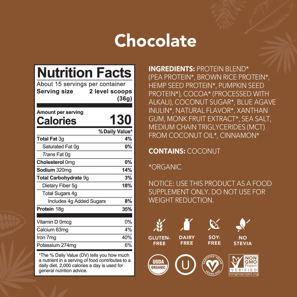 ALOHA Organic Plant Based Protein Powder, Chocolate, 19.6 oz