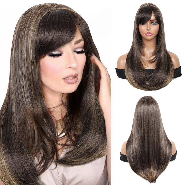 Kalyss Women's Wig Long Straight Layered with Bangs, Brown with Highlights