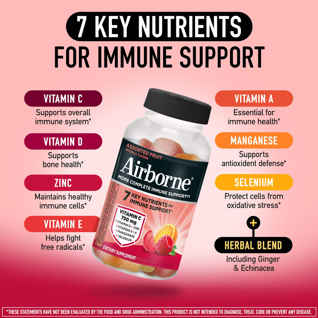 Airborne Assorted Fruit Flavored Gummies, Vitamin C 1000mg, 21 Count