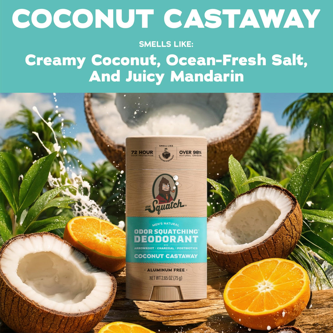 Dr. Squatch Natural Deodorant For Men, Coconut Castaway, 2.65 oz, Pack of 3