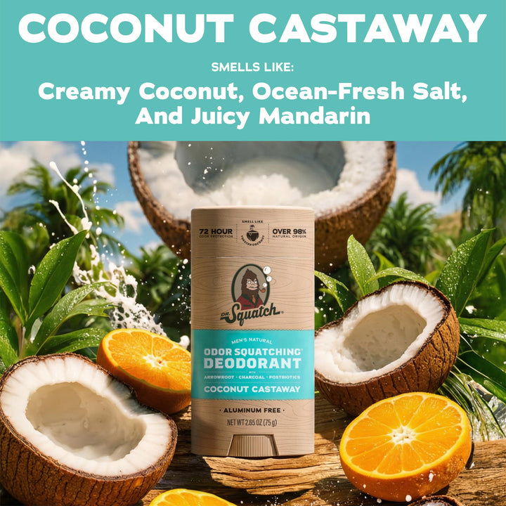 Dr. Squatch Natural Deodorant For Men, Coconut Castaway, 2.65 oz, Pack of 3