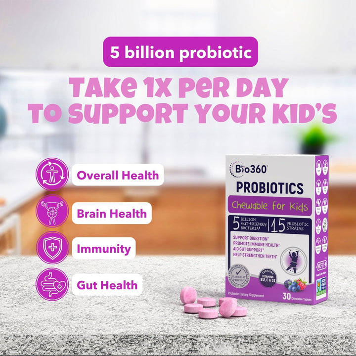 Bio360 Kids Probiotic Chewable Supplements, Mixed Berry, 5 Billion CFU, 30 Count