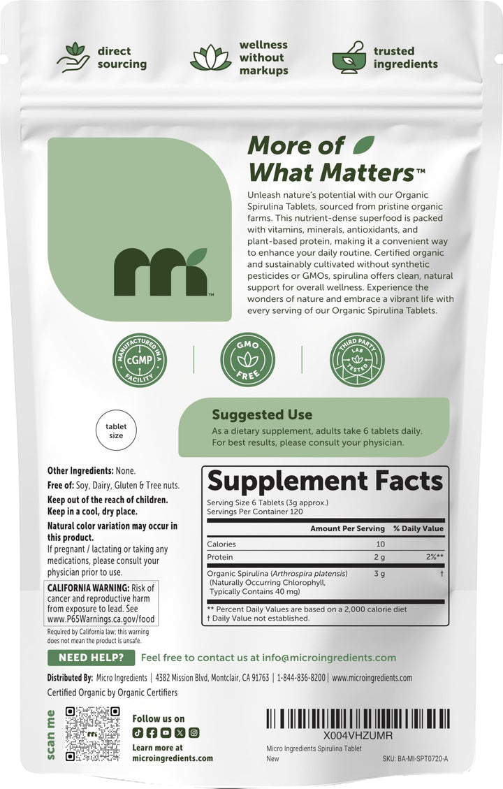 Micro Ingredients Organic Spirulina Tablets, 720 Count
