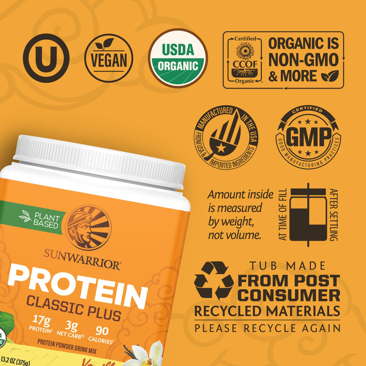 Sunwarrior Classic Plus Organic Vegan Protein Powder, Vanilla, 15 Servings