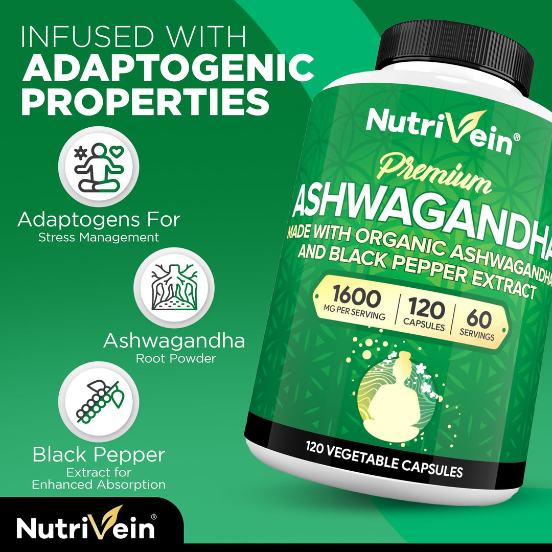 Nutrivein Organic Ashwagandha Capsules, 1200 mg, 120 Count
