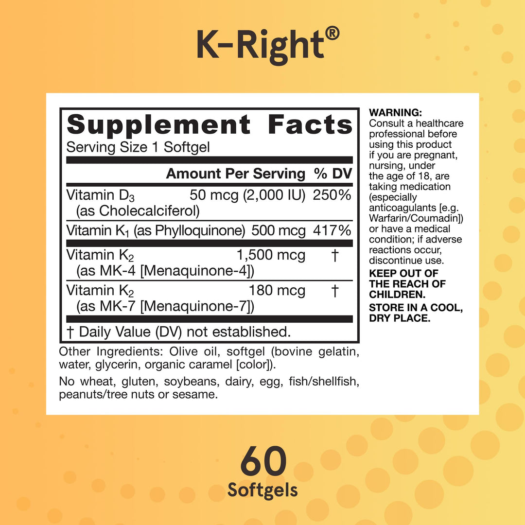 Jarrow Formulas K-Right Vitamin K2 MK-7 and D3, 60 Count