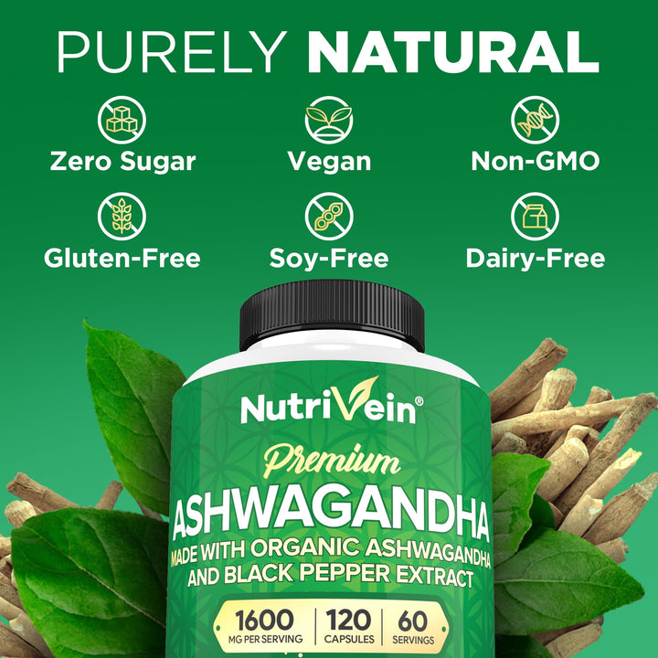 Nutrivein Organic Ashwagandha Capsules, 1200 mg, 120 Count