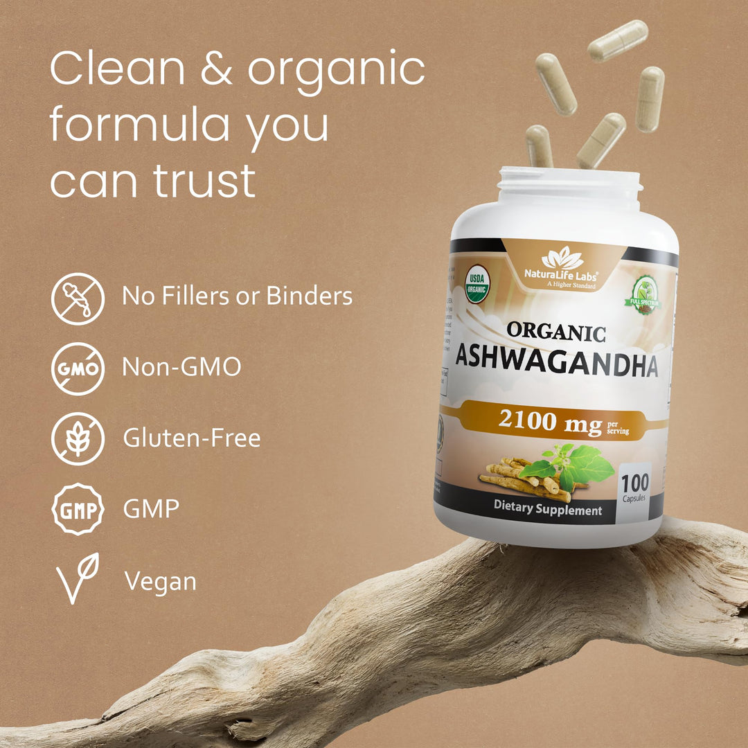 NaturaLife Labs Organic Ashwagandha, 2100 mg, 100 Count