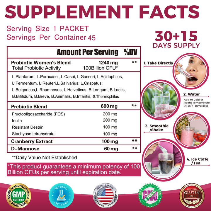 ZEBORA Probiotics For Women, 100 Billion CFUs, 45 Packets