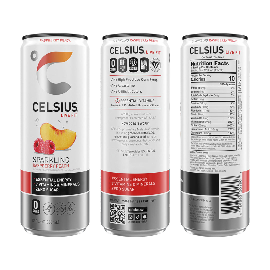CELSIUS Sparkling Raspberry Peach Energy Drink, 12 fl oz, 12 Count