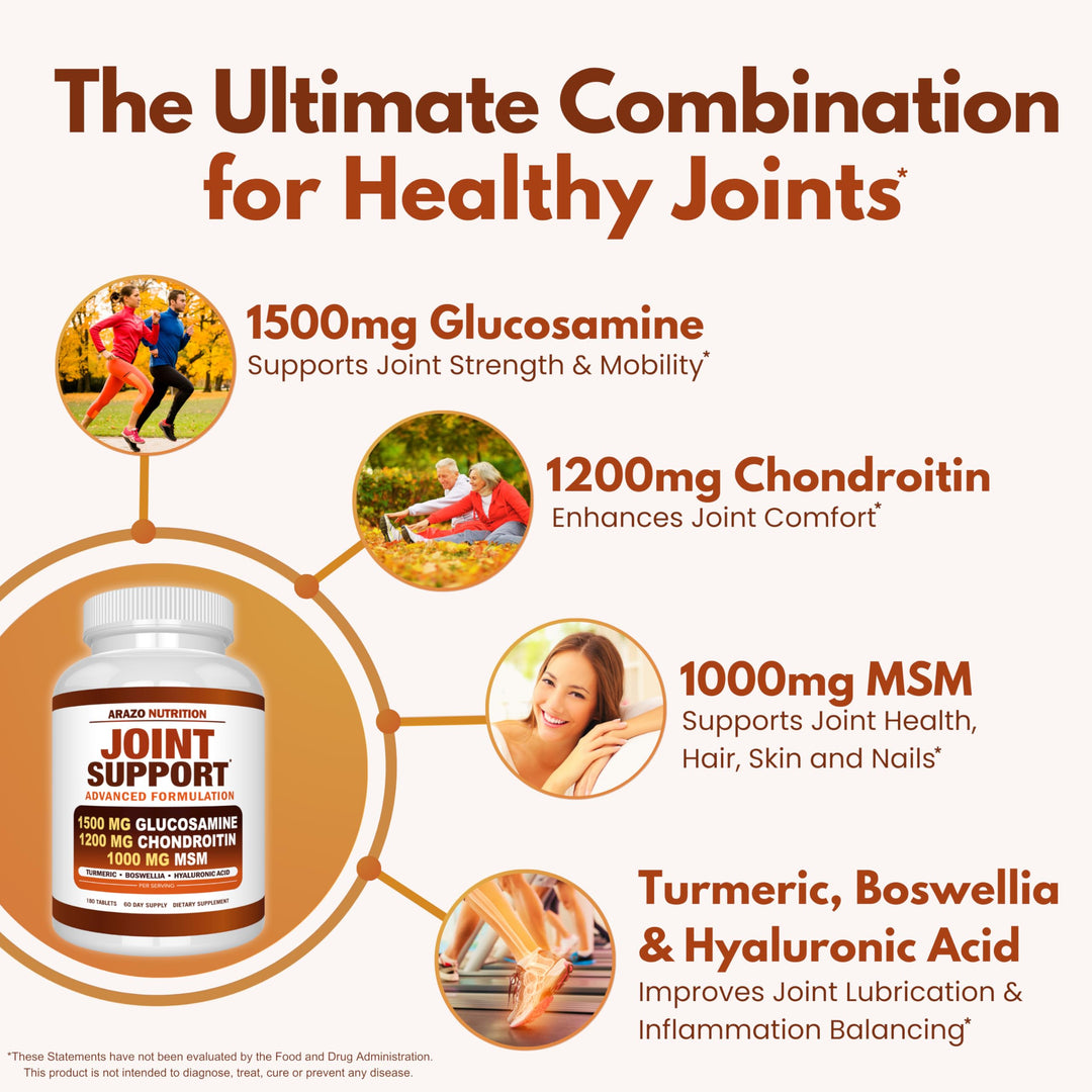 Arazo Nutrition Glucosamine Chondroitin Turmeric MSM Boswellia Joint Support Supplement, 180 Count