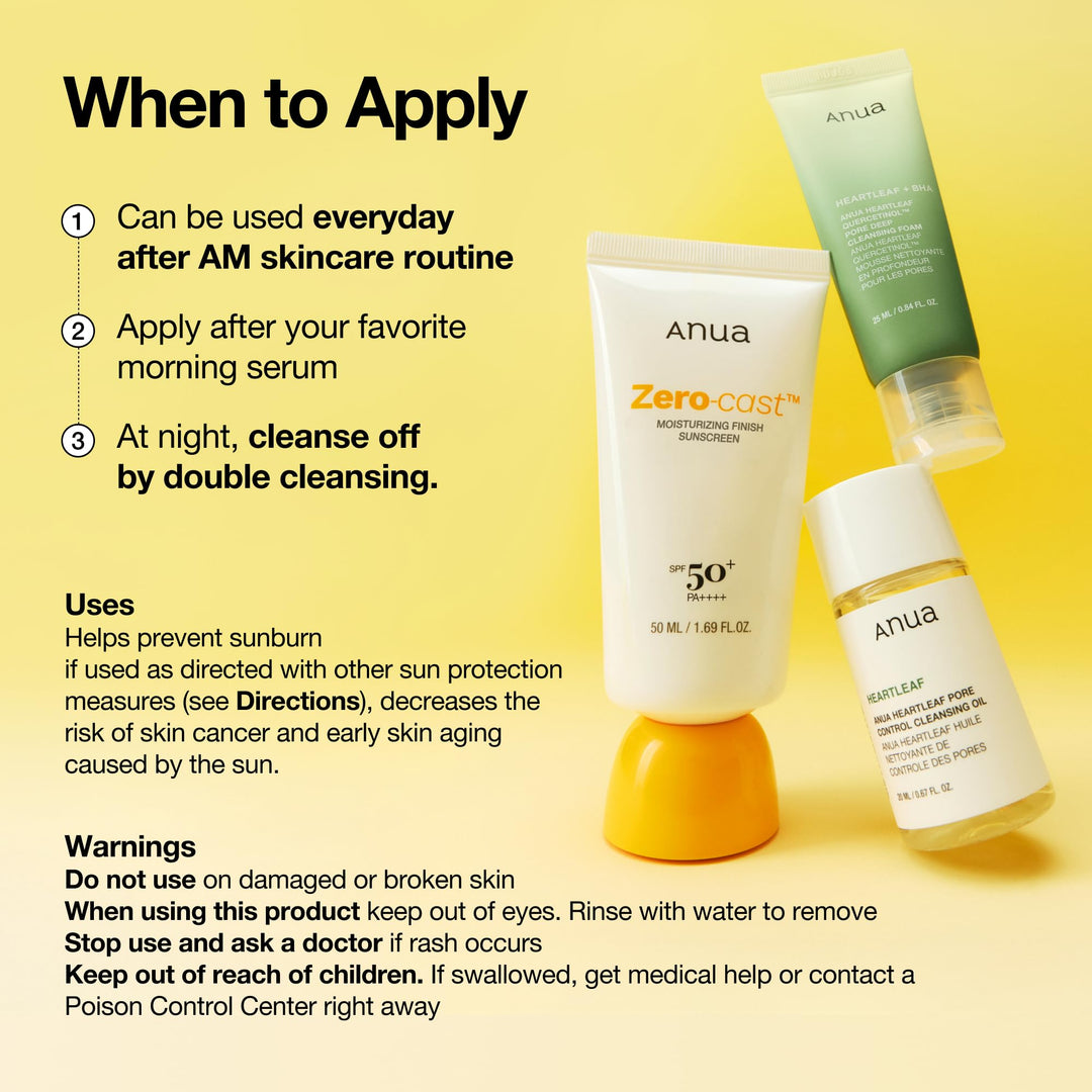ANUA Zero-Cast Moisturizing Sunscreen SPF 50, 1.69 fl oz