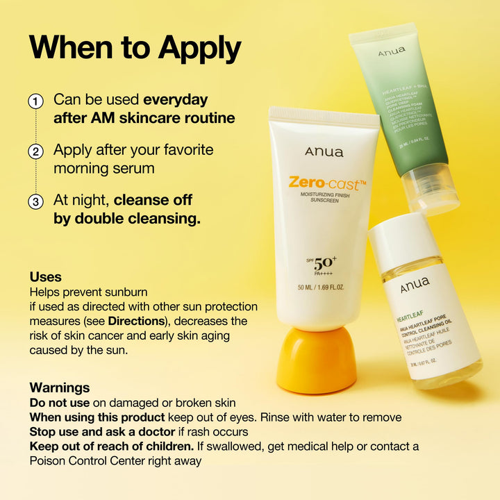 ANUA Zero-Cast Moisturizing Sunscreen SPF 50, 1.69 fl oz