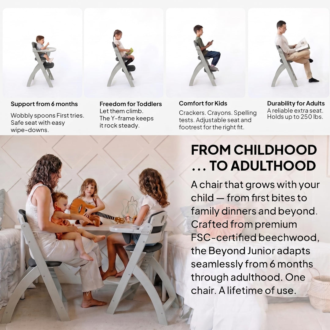 Abiie Beyond Junior Wooden High Chair, Misty Grey Wood/Black Pearl Cushion