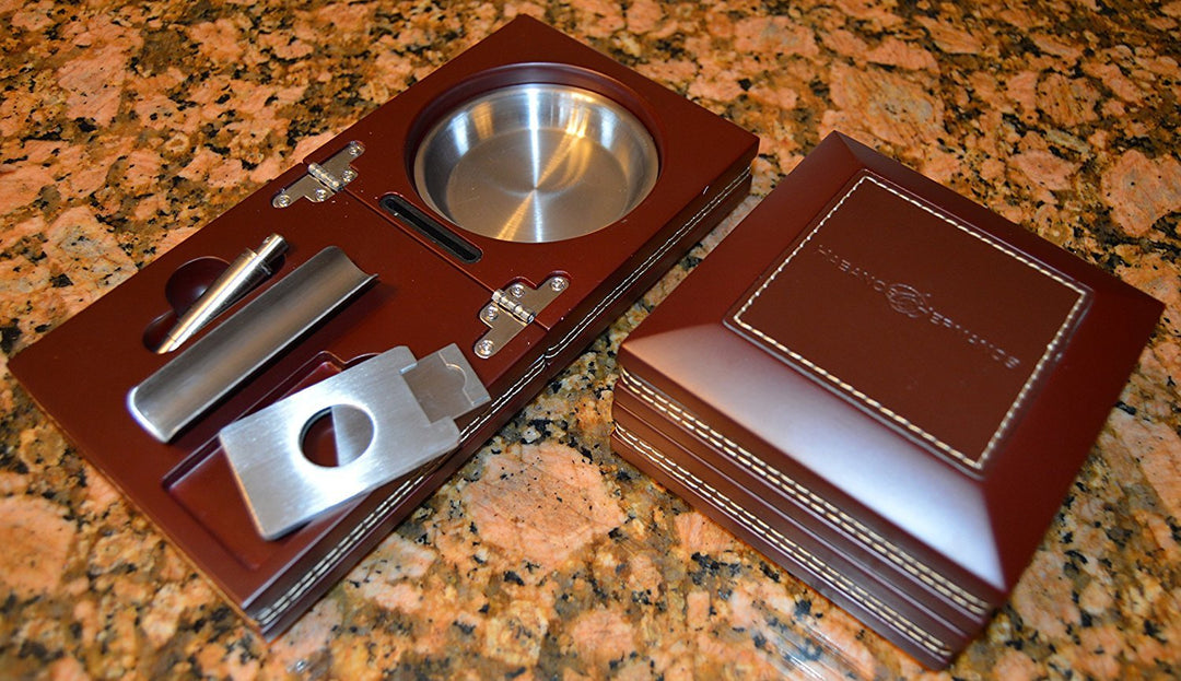 Habanosy Hermanos Compact Ash Tray with Cutter and Punch, Walnut with Leather, 4.75 in x 4.75 in x 2.8 in