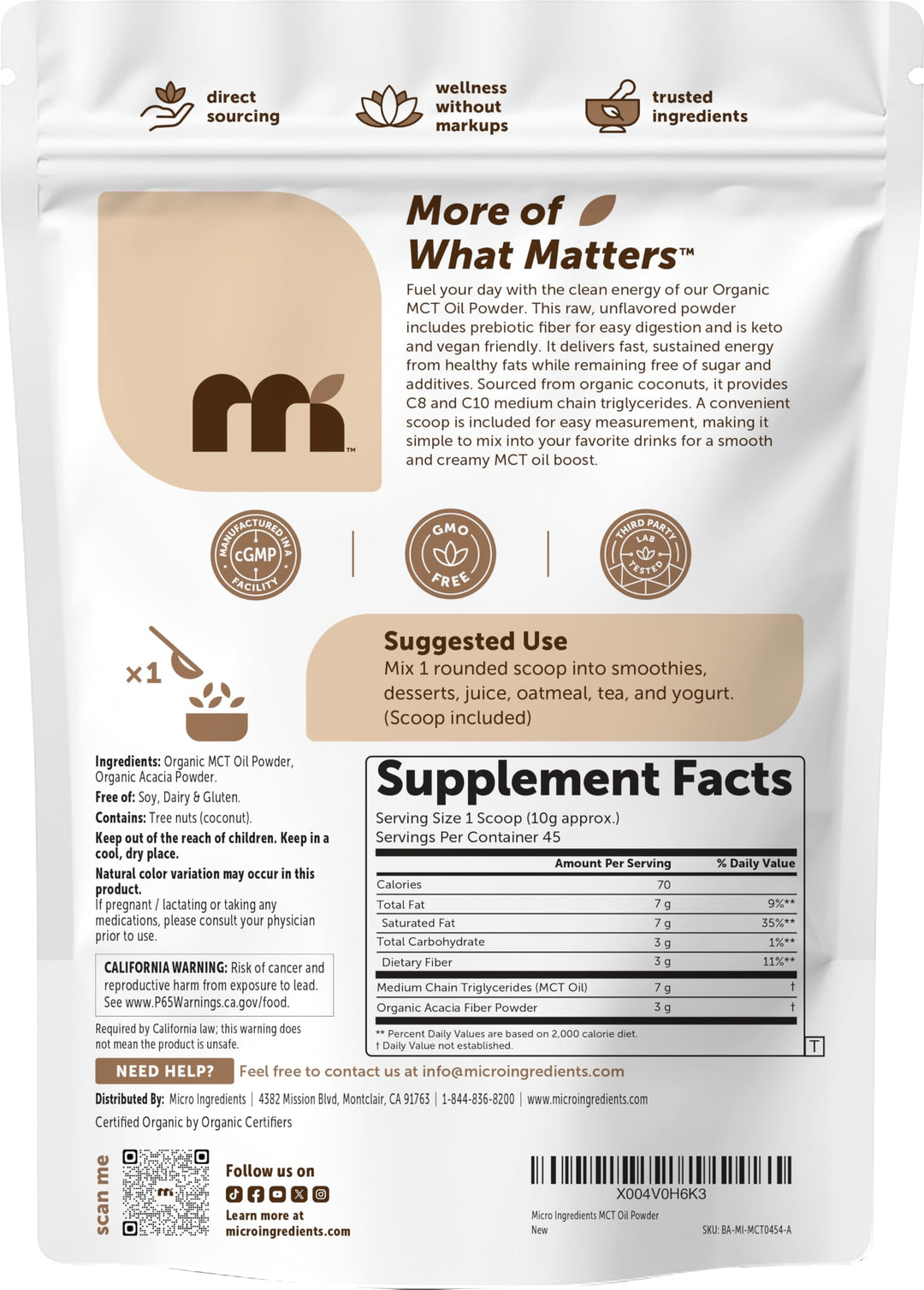 Micro Ingredients Organic MCT Oil Powder With Prebiotic Fiber, 1 lb