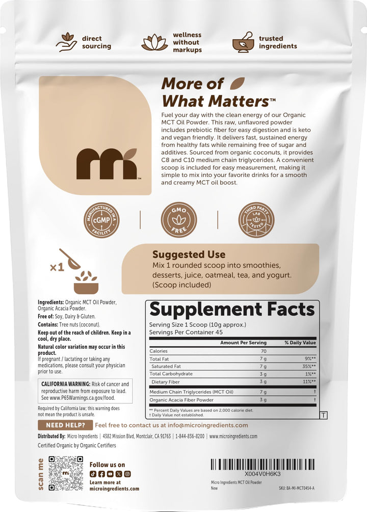 Micro Ingredients Organic MCT Oil Powder With Prebiotic Fiber, 1 lb