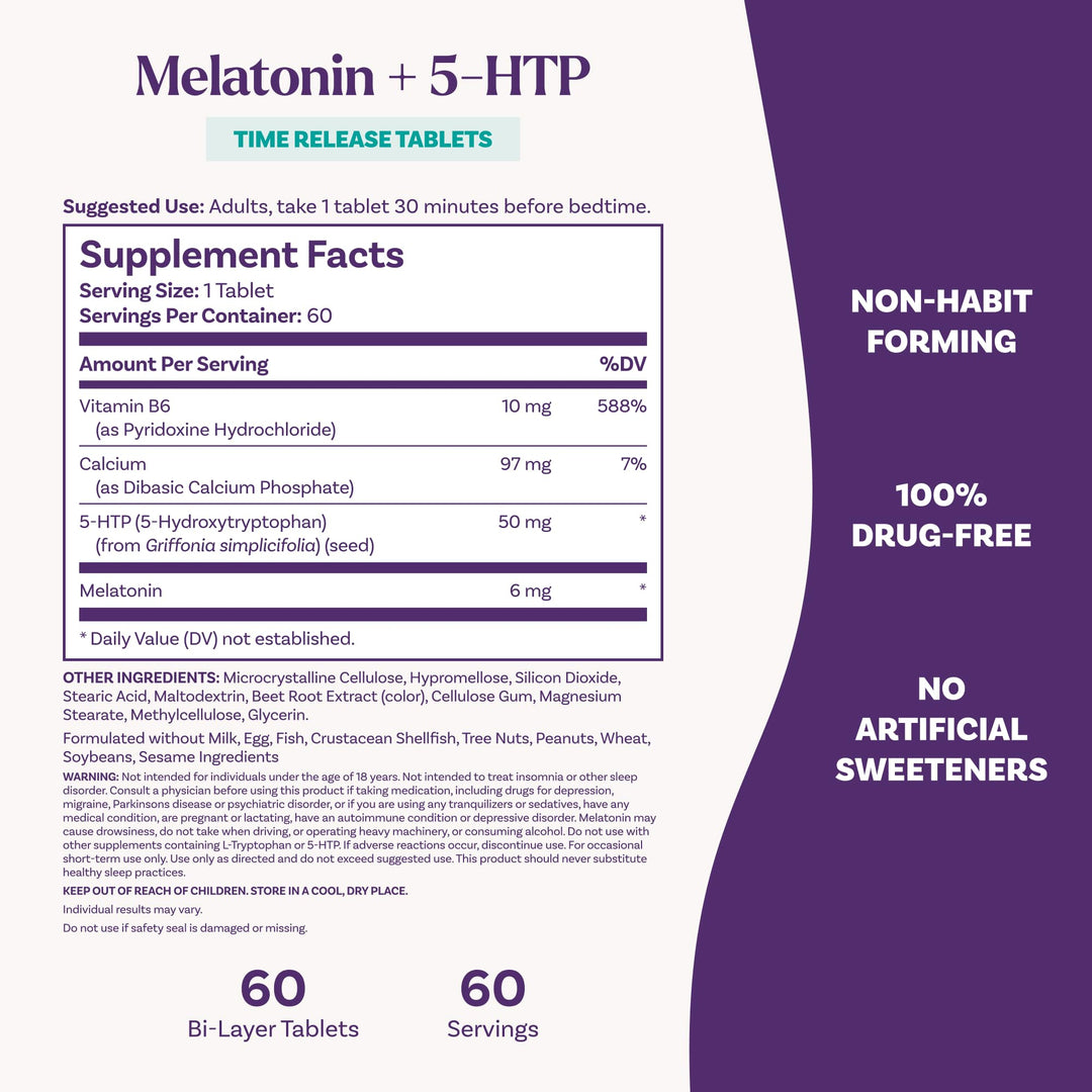Natrol Melatonin + 5 HTP Advanced Sleep Time Release Bi-Layer Tablets, 6 mg, 60 Count