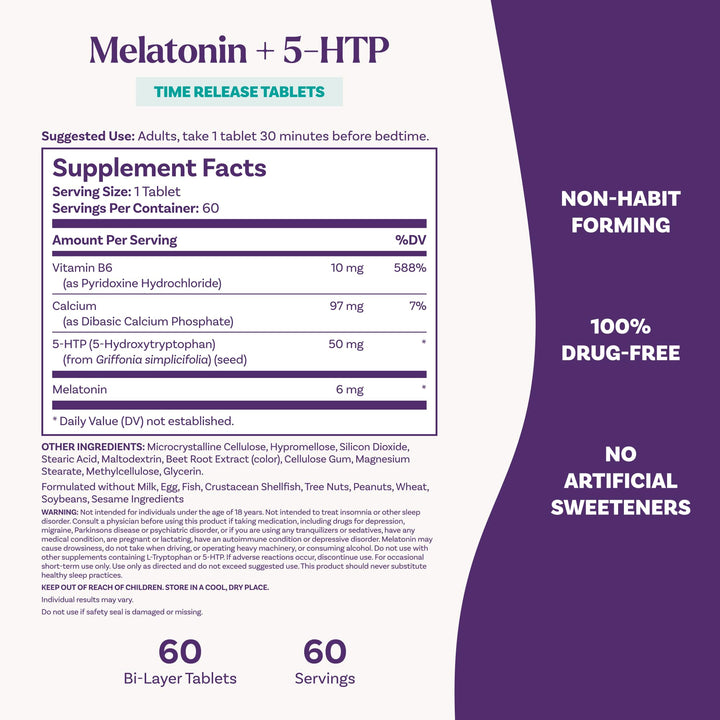 Natrol Melatonin + 5 HTP Advanced Sleep Time Release Bi-Layer Tablets, 6 mg, 60 Count