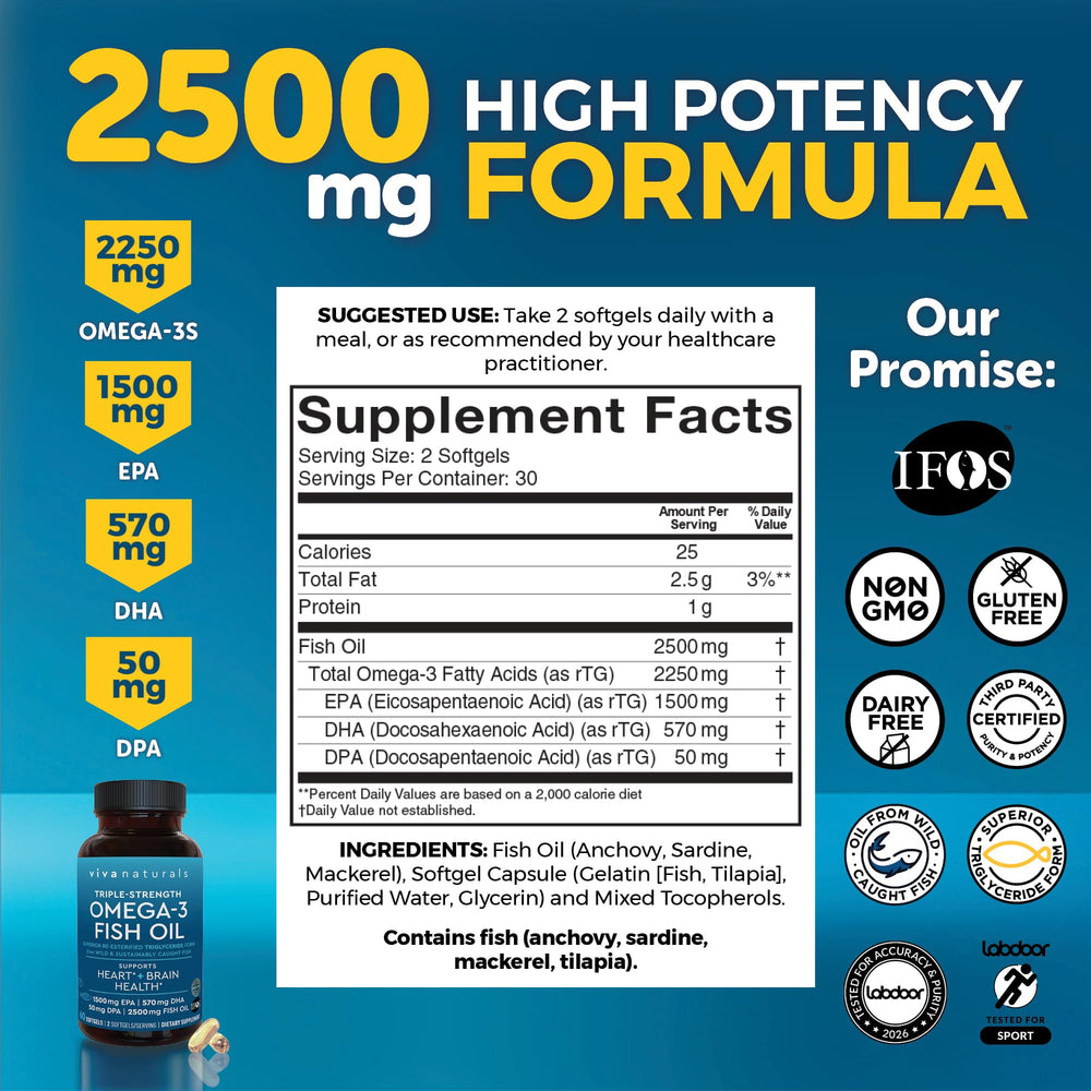 Viva Naturals Omega 3 Fish Oil, 2500 mg, 60 Count