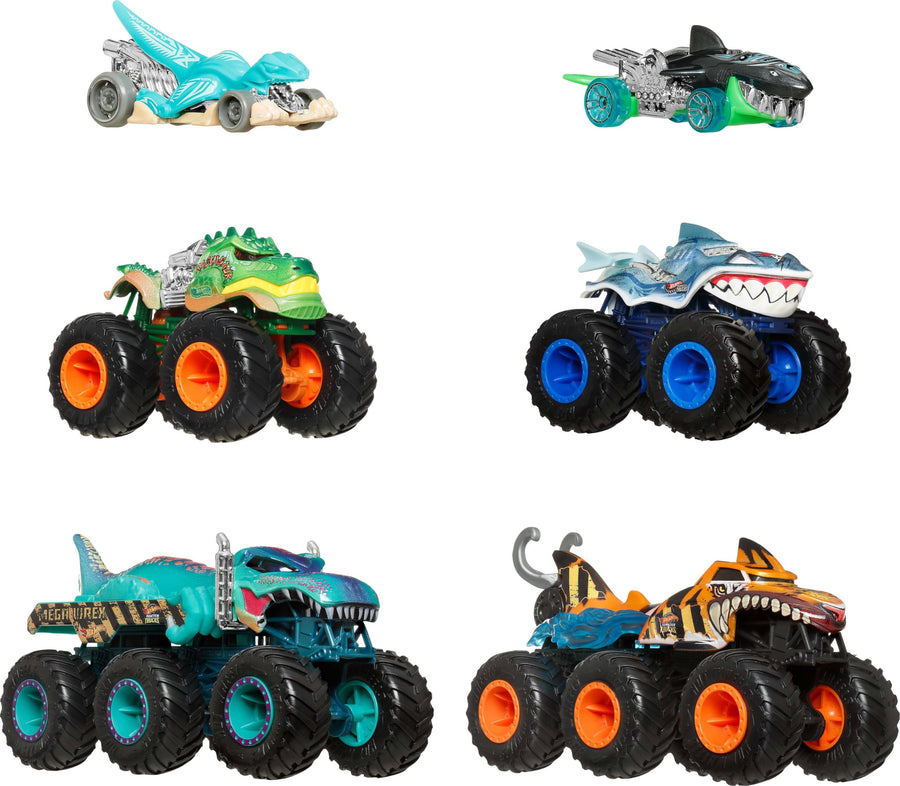 Hot Wheels Monster Trucks Shark and Dinosaur Multipack, 4 Count