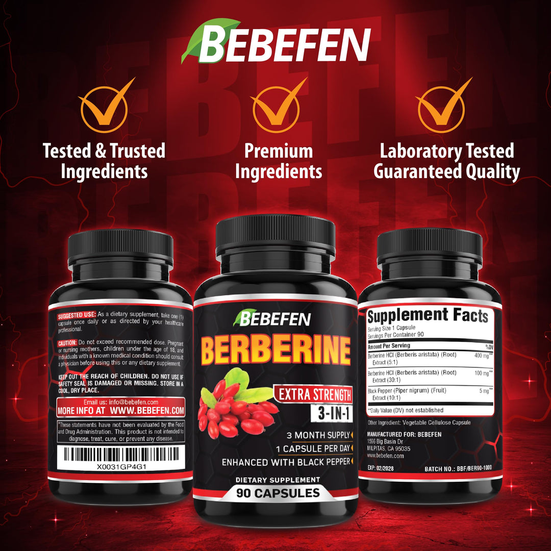 BEBEFEN Berberine Capsules With Black Pepper Extract, 90 Count