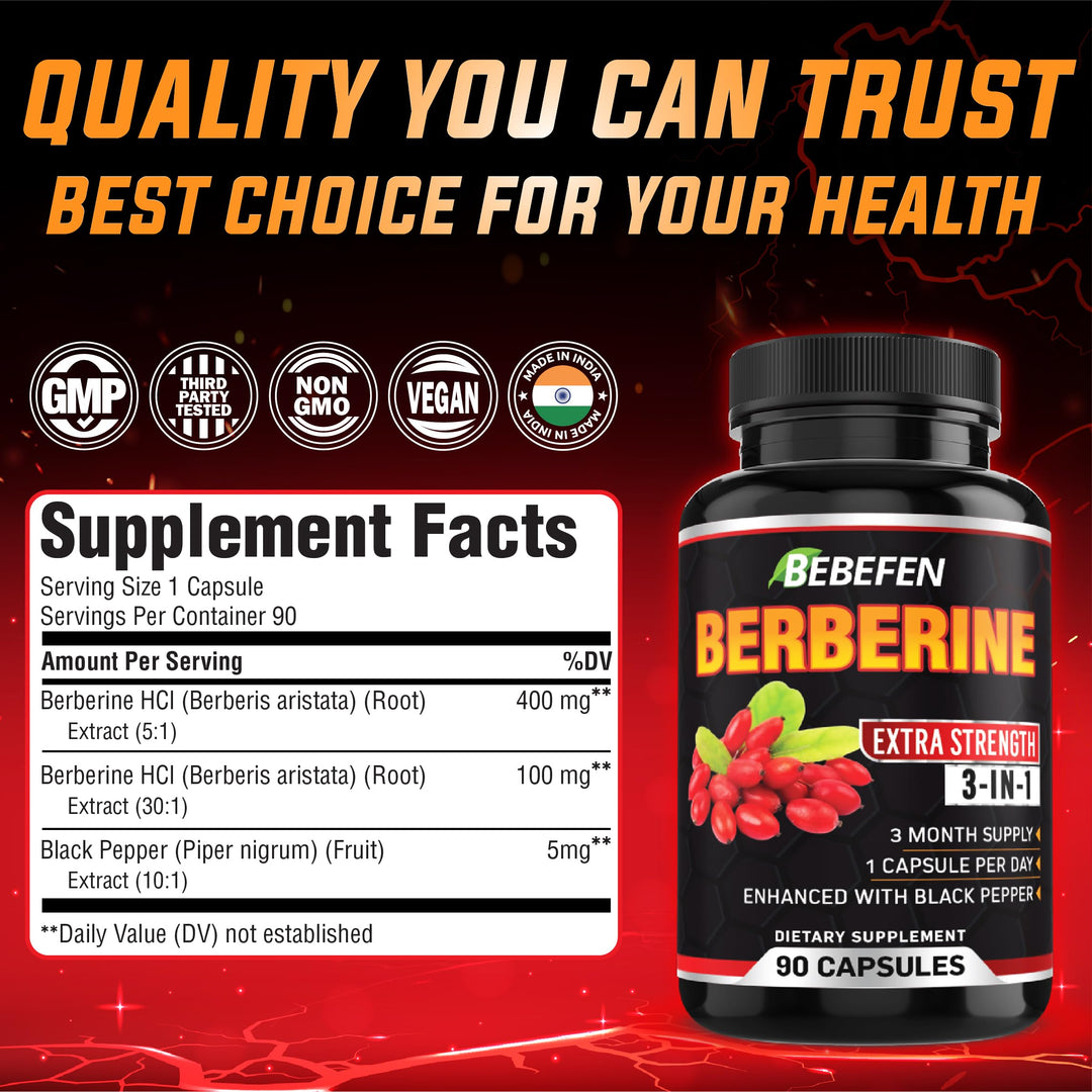 BEBEFEN Berberine Capsules With Black Pepper Extract, 90 Count