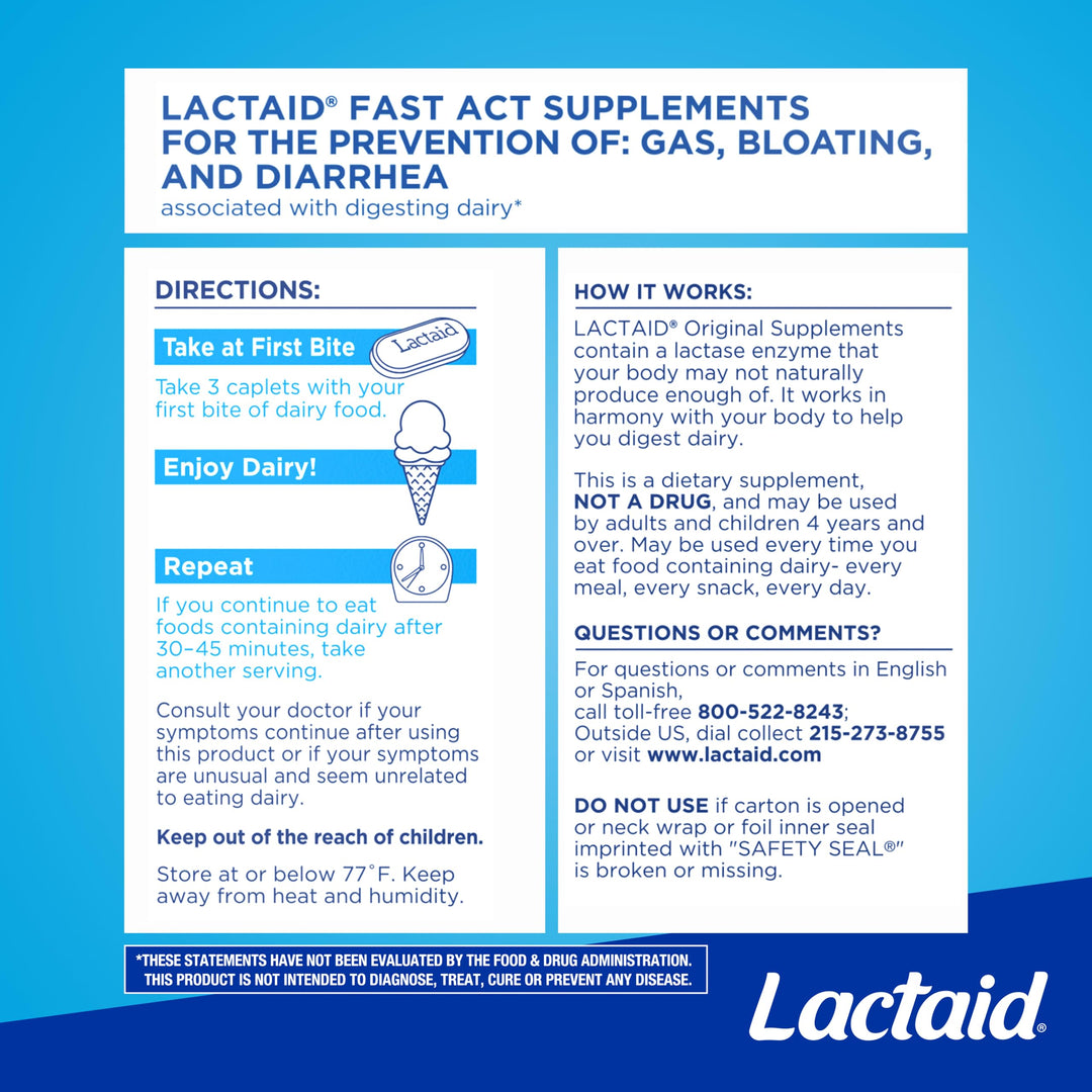 Lactaid Original Strength Lactose Intolerance Relief Caplets, 120 Count
