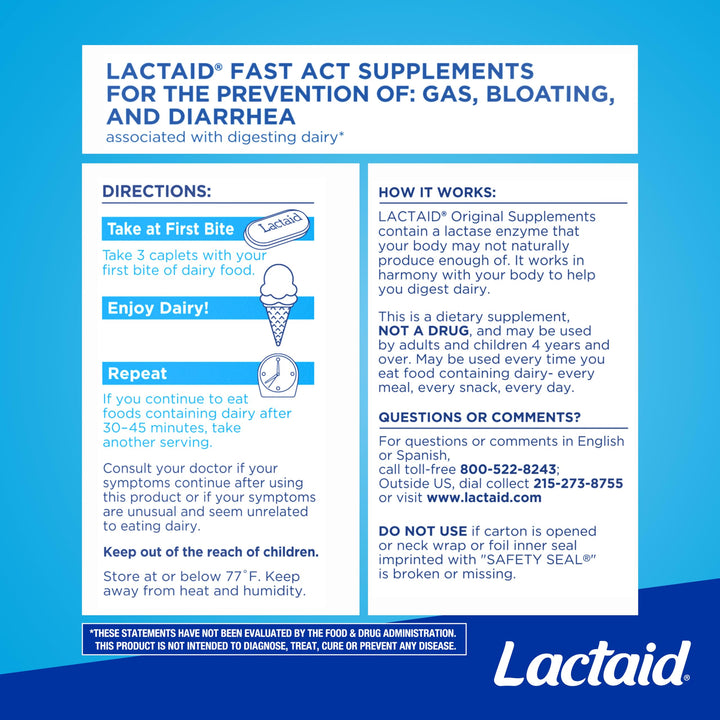 Lactaid Original Strength Lactose Intolerance Relief Caplets, 120 Count