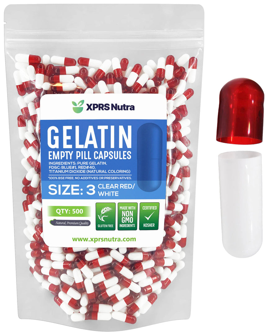 XPRS Nutra Empty Gelatin Capsules, Size 3, Clear Red and White, 500 Count