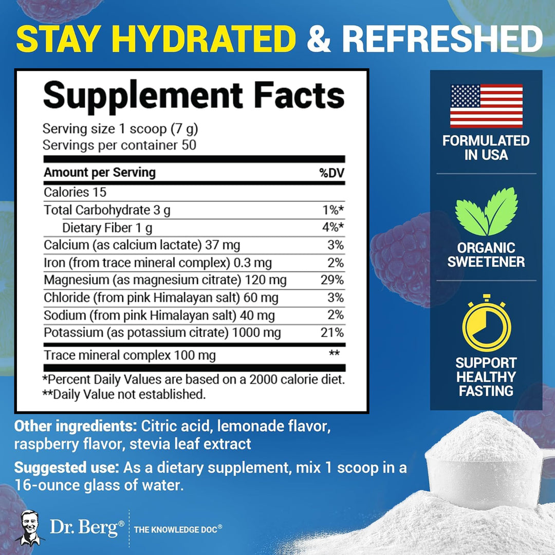 Dr. Berg Nutritionals Zero Sugar Hydration Keto Electrolyte Powder, Raspberry & Lemon, 50 Servings