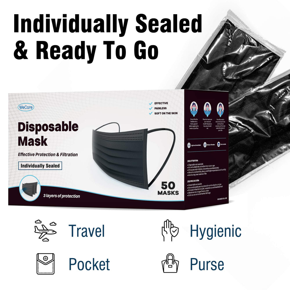 WECARE Disposable Face Masks, Black, 50 Count