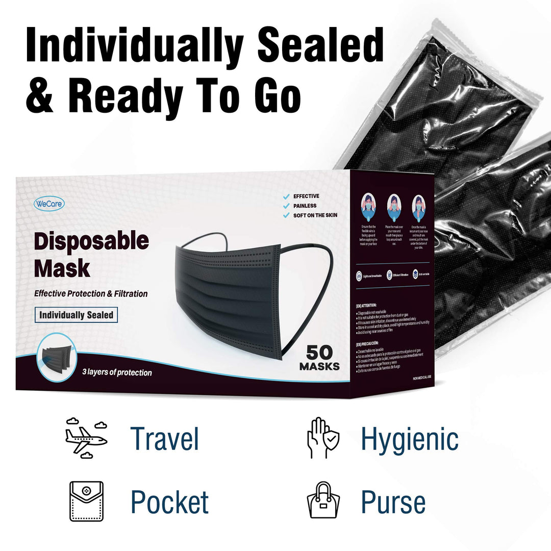 WECARE Disposable Face Masks, Black, 50 Count