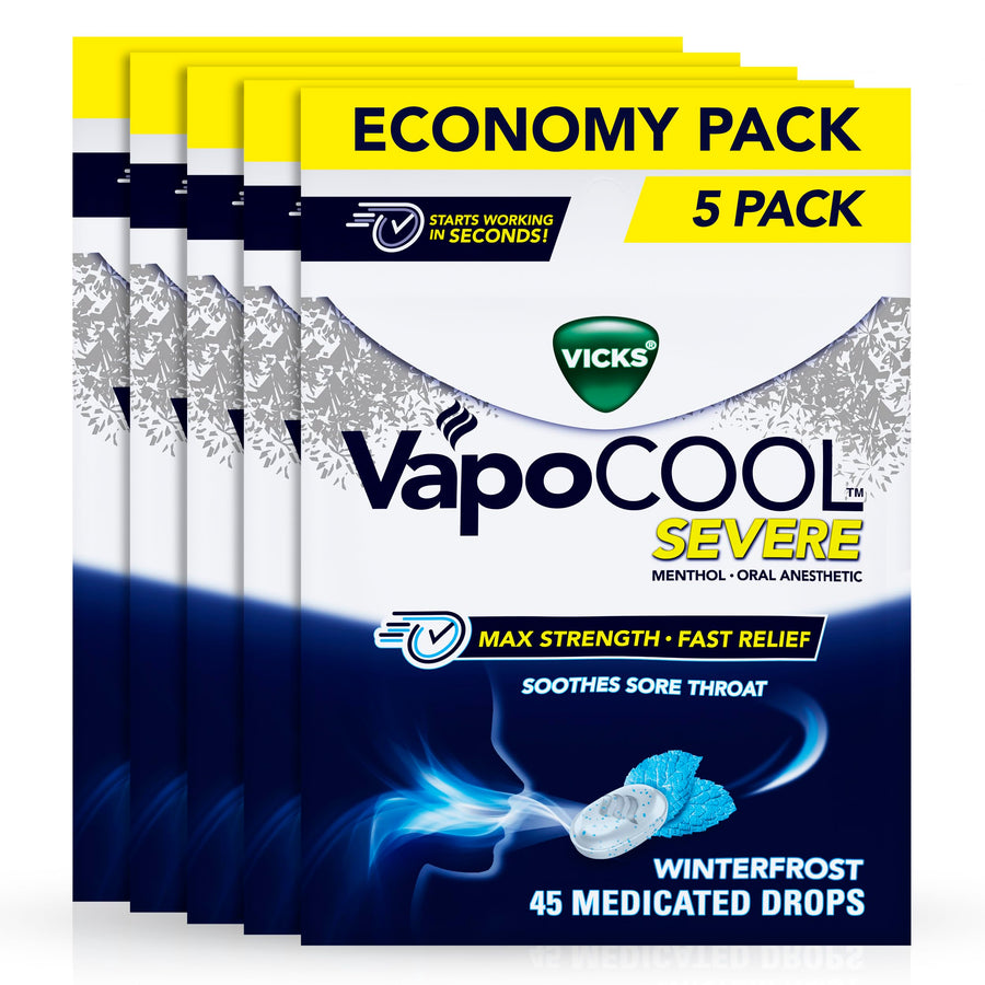 Vicks VapoCool Severe Sore Throat Drops, Winterfrost, 225 Count, Pack of 5