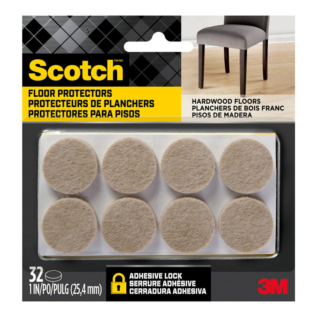 Scotch Felt Pads, Circle, Beige, 1 in x 1 in, 32 Count
