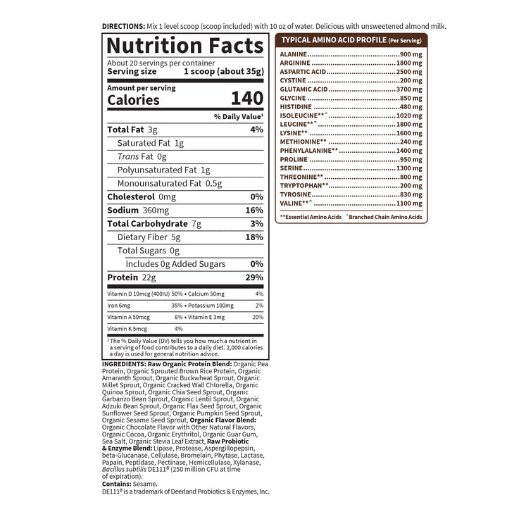 Garden of Life Raw Organic Protein Powder, Chocolate, 20 Servings