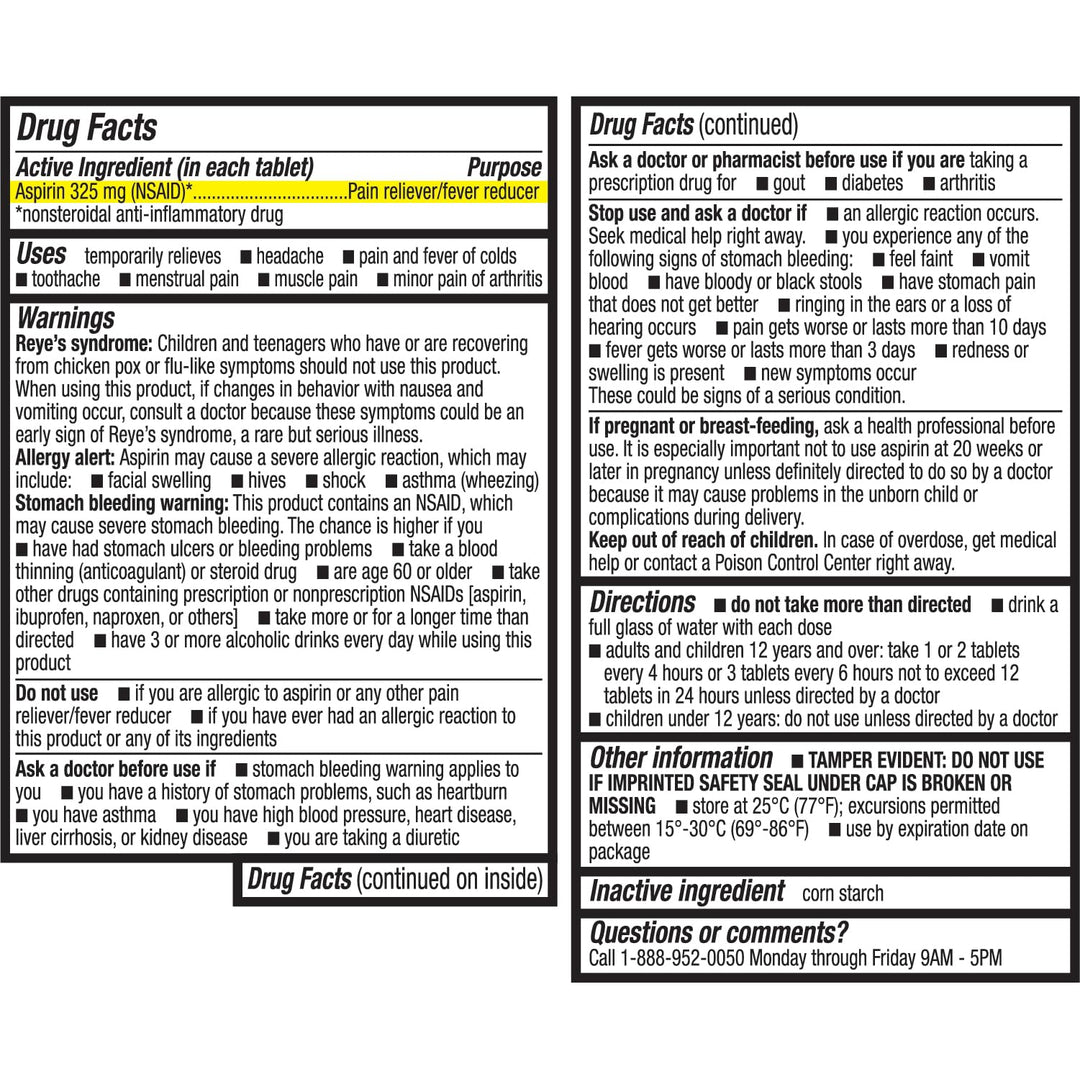 HealthA2Z Aspirin 325 mg Uncoated Tablets, 300 Count